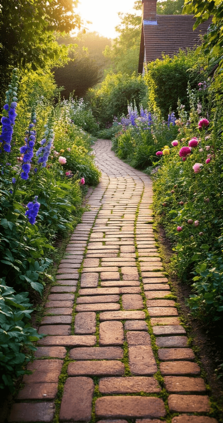 A picturesque English cottage garden featuring a meandering brick pathway, bordered by vibrant roses, delphiniums, and foxgloves, illuminated by warm late afternoon light, with moss accents on the worn bricks, captured from a human height perspective to convey an immersive experience.