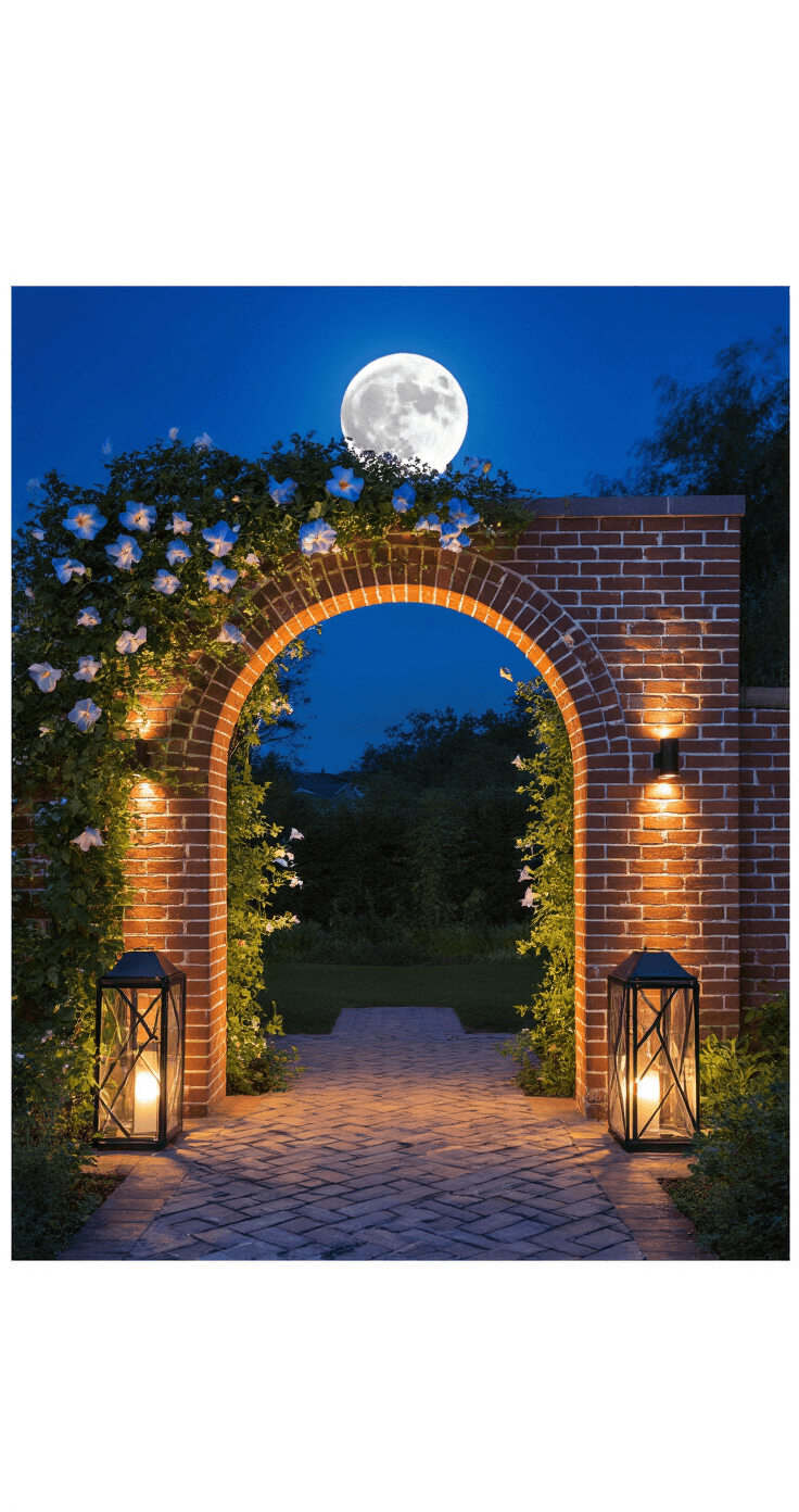 A dramatic night garden scene showing an 8-foot brick archway adorned with climbing moonflowers and jasmine, illuminated by recessed lighting that highlights the herringbone brick pattern. Contemporary steel and glass lanterns cast geometric shadows as the full moon fills the sky, captured from ground level in a long exposure that contrasts cool blue night tones with warm architectural lighting.