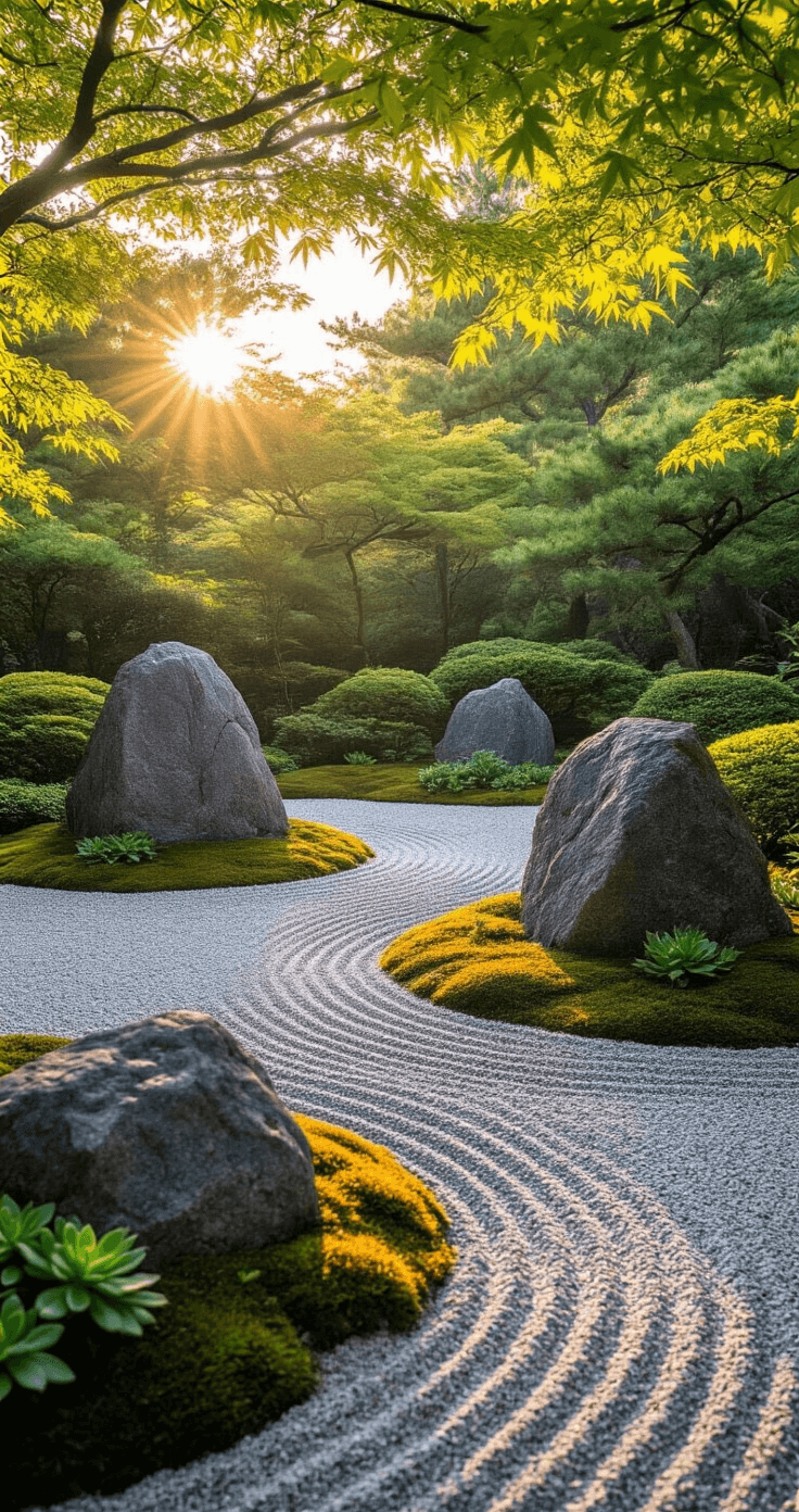 A serene Japanese-inspired rock garden at golden hour, featuring three weathered granite boulders in raked gravel, surrounded by low-growing succulents and moss, with soft light filtering through maple branches and dappled shadows on a muted palette of grays and greens.