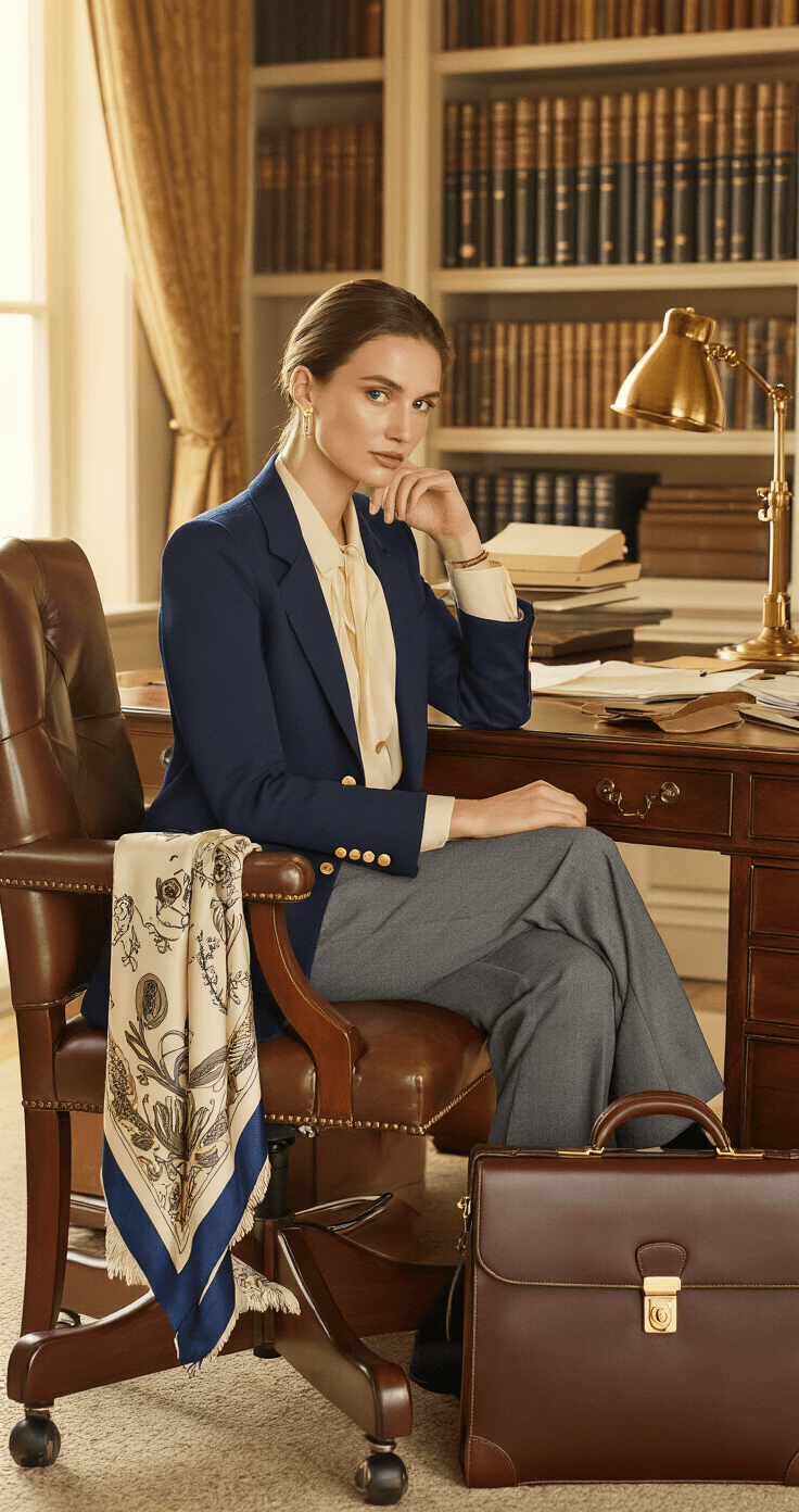Sophisticated home office at magic hour, featuring a person in a navy blazer and cream blouse working at a mahogany desk, with a Hermès scarf on the chair, a leather briefcase, book-lined walls, and a brass desk lamp, captured in warm tones.