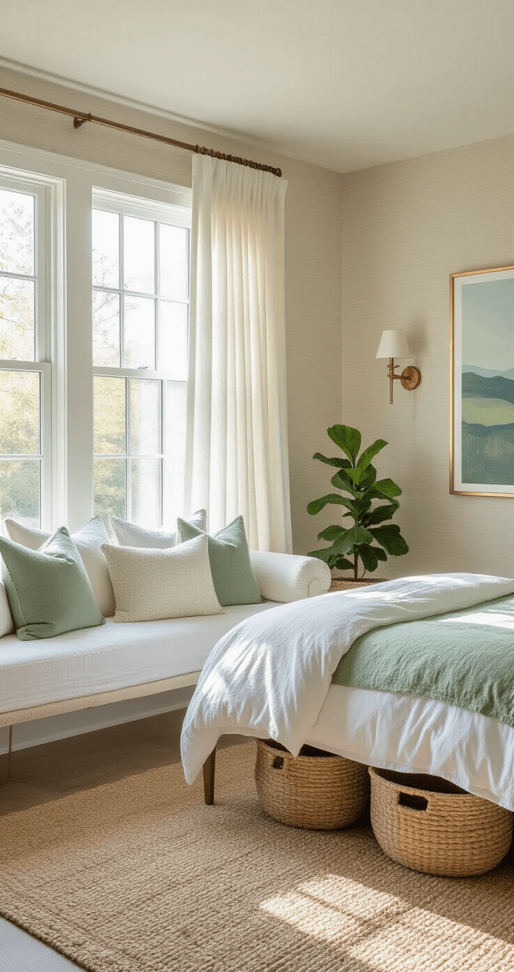 A sunlit guest bedroom featuring a queen-sized bed with white and sage green linens, a brass-framed daybed with cream cushions, and walls painted in Benjamin Moore 'Swiss Coffee' with a grasscloth texture. The room is illuminated by late morning light through gauzy white curtains, with vintage brass sconces and an abstract landscape art piece on the wall. A natural jute rug, woven storage baskets, and a potted fiddle leaf fig add warmth and natural elements.