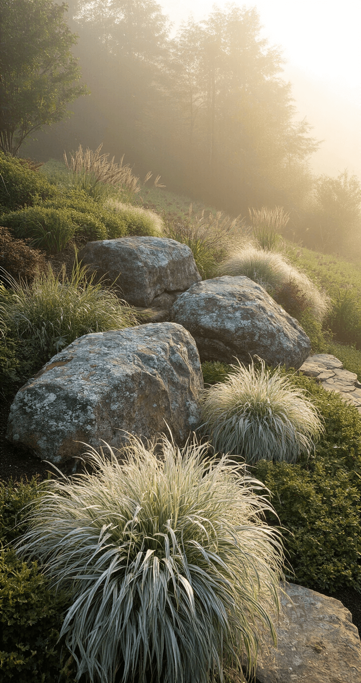A hillside garden at dawn features three asymmetrical limestone boulders creating natural terracing, surrounded by ornamental grasses soaked in morning mist, with a rich lichen patina on the rocks and glossy highlights from heavy dew.