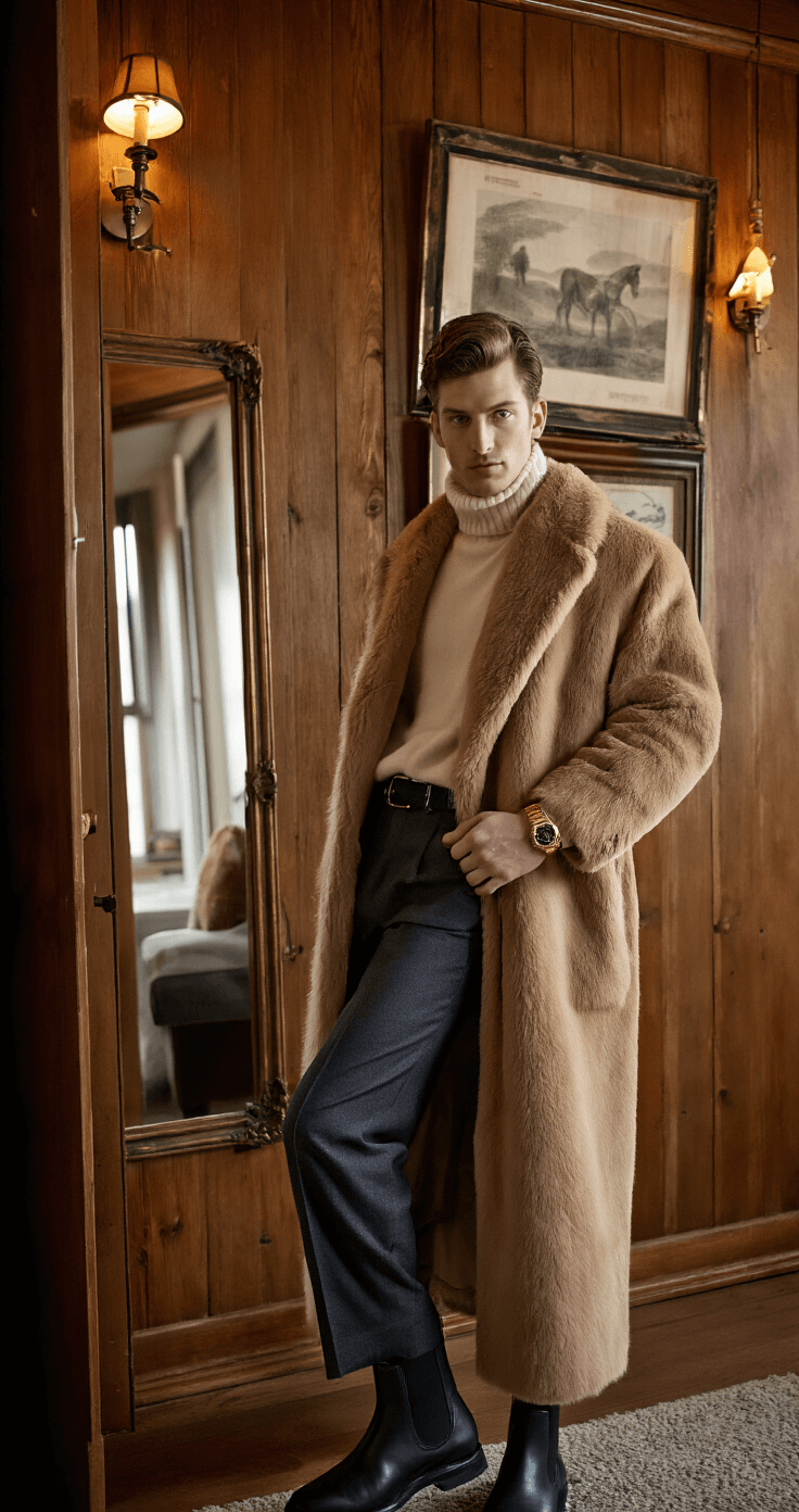 A person styles a camel hair coat over a cream cashmere turtleneck and charcoal wool trousers in a cozy, wood-paneled dressing room, featuring warm brass sconce lighting that accentuates rich textures. Black leather Chelsea boots and a vintage gold watch are visible, with heritage pieces like hunting prints and antique mirrors in the background, captured in a moody editorial style.