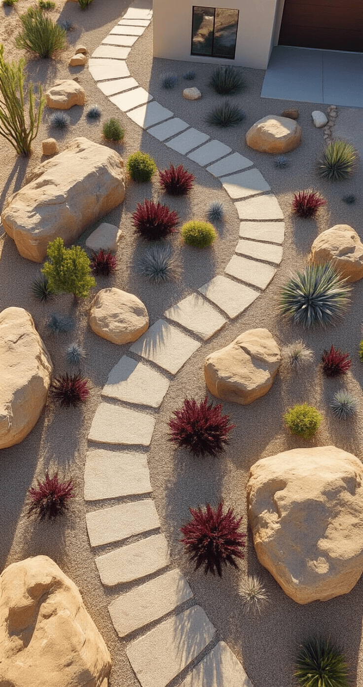 Overhead view of a contemporary desert rock garden featuring meandering gravel paths, grouped sandstone boulders, and drought-tolerant burgundy and silver plants, with a modern house visible at the edge.
