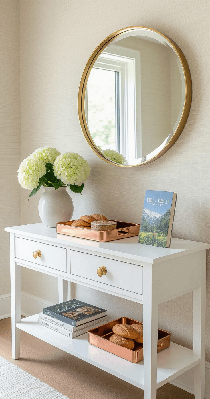 Brightly lit contemporary guest room featuring a white lacquered console table with a copper tray of snacks, local guide books, and fresh hydrangeas, reflected in a round brass mirror above, all set against textured ivory wallpaper and floor-to-ceiling windows.