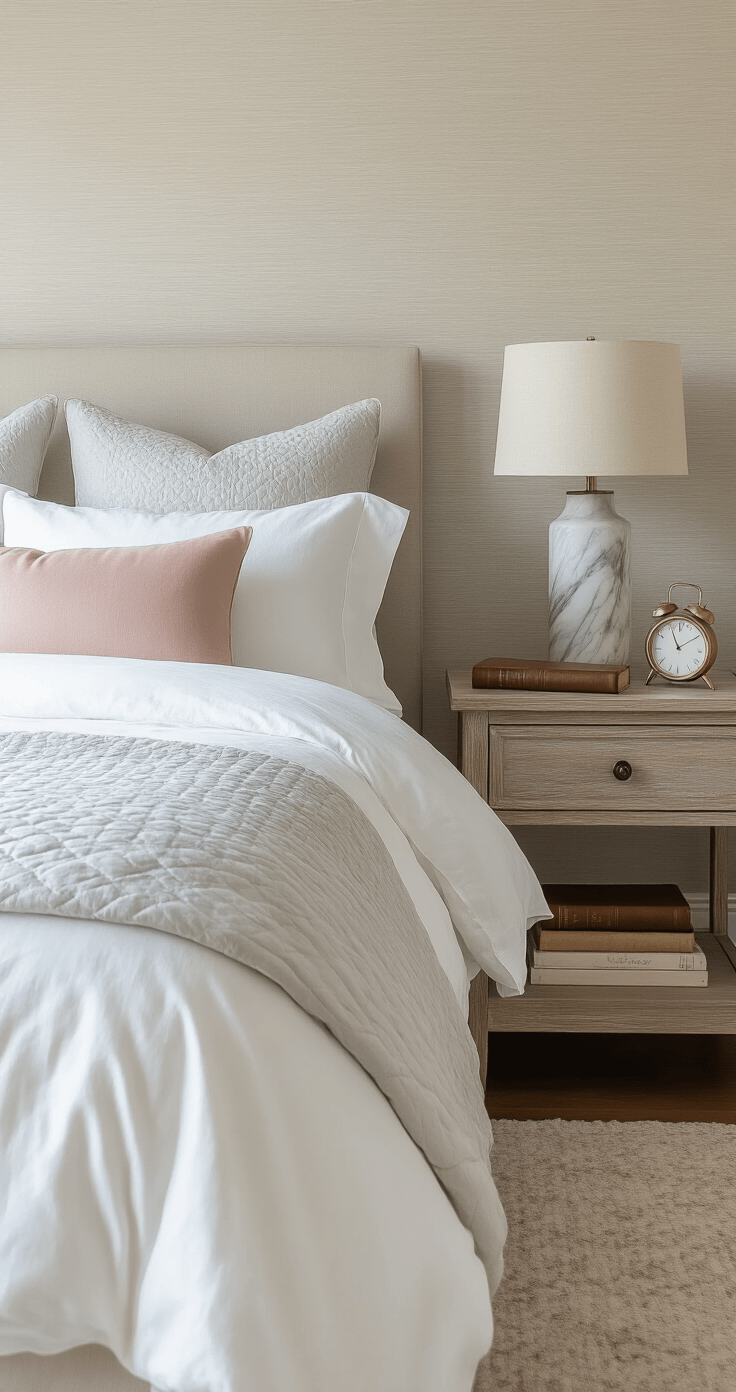 A beautifully styled guest bedroom vignette featuring luxurious bedding layers, including a cloud-like white duvet and textured grey quilt, accented with silk pillows. The weathered oak nightstand holds a marble lamp, while subtle metallic grasscloth wallpaper reflects the morning light, enhanced by leather-bound books and a small clock. The image is captured from bed level, highlighting the textile details.