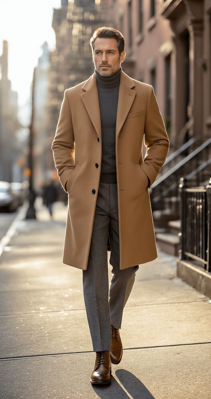 A distinguished gentleman in a camel wool overcoat walks confidently on a sunlit Manhattan street corner, historic brownstones in the background, captured from a low angle to highlight the coat's movement, with a soft bokeh effect.