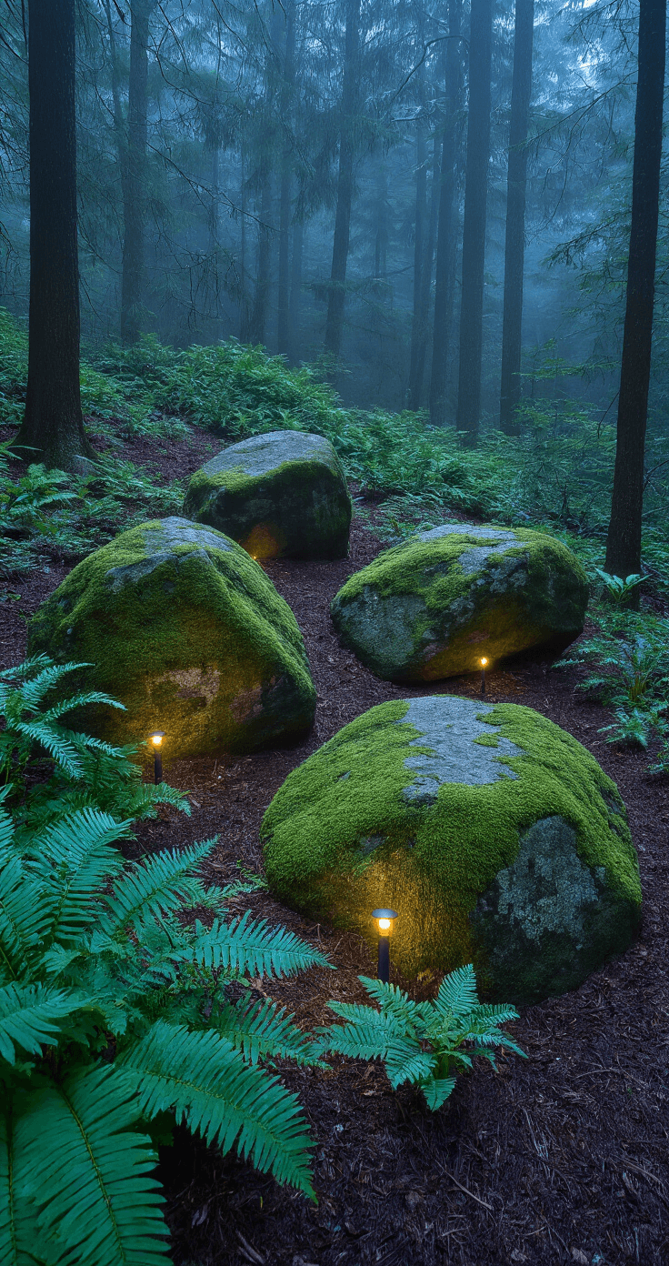 A tranquil woodland scene at twilight featuring moss-covered granite boulders, surrounded by ferns and native plants. The boulders, illuminated by subtle uplighting, create a mysterious atmosphere enhanced by deep greens, charcoal grays, and slight fog effects. Shot at eye level with a 50mm lens.