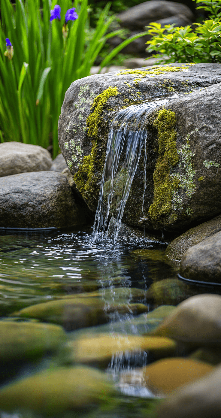 Close-up of a boulder-accented water feature with water trickling over a lichen-covered boulder into a reflection pool, lined with smooth river rocks and surrounded by Japanese iris, showcasing rich colors and wet surfaces.
