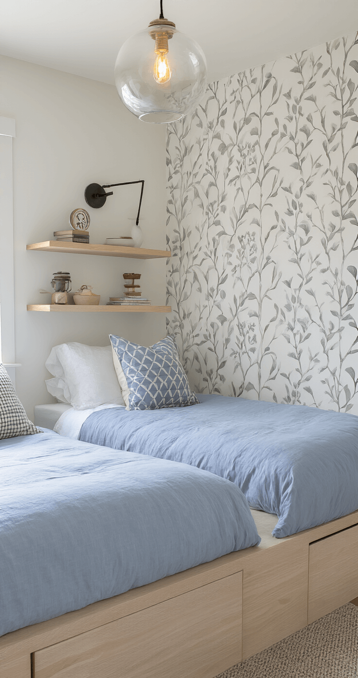 A small guest room with a trundle bed in cornflower blue linens, geometric throw pillows, and float-mounted shelves displaying travel mementos, illuminated by a modern glass globe pendant. The space features minimal white walls and one accent wall with subtle grey botanical wallpaper, showcasing clever space utilization in a dusk setting.