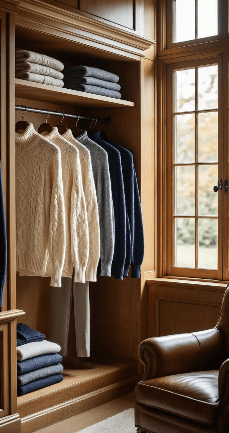 Interior of a luxurious wood-paneled dressing room bathed in soft afternoon light, featuring a curated collection of fine knitwear on elegant wooden hangers, including cream cashmere sweaters, navy merino turtlenecks, and heather grey cardigans, with perfectly folded wool trousers on a leather armchair.