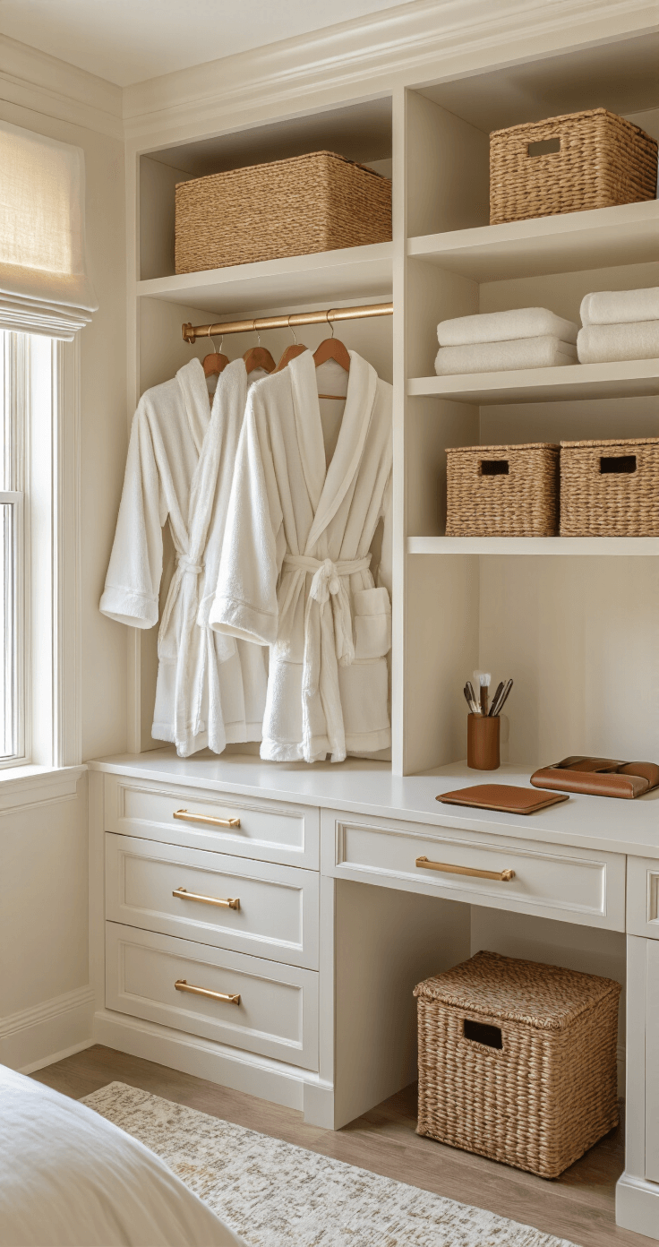 Golden hour photograph of a guest room featuring a custom white closet with brass hardware, plush robes, and woven storage boxes. A built-in desk nook with a USB charging station and leather accessories is visible, adorned with a soft linen roman shade that diffuses warm light.
