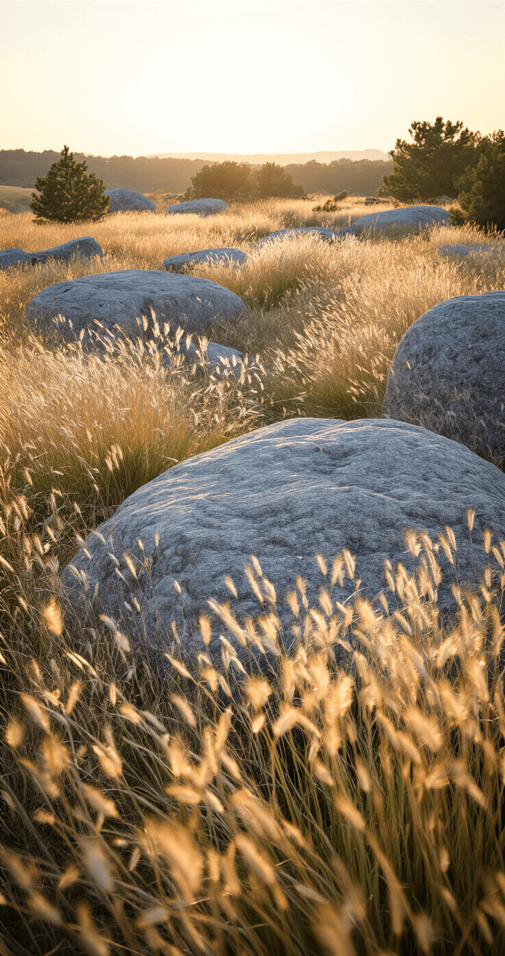 Late afternoon view of a prairie garden with large limestone boulders surrounded by flowing grasses, backlit to highlight glowing seed heads, featuring warm tones of vegetation against cool gray stone.