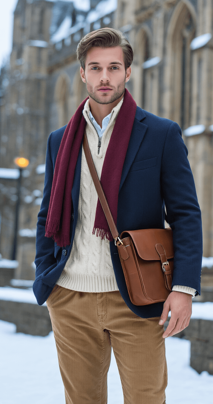 A male model dressed in a navy wool blazer over an ivory cable-knit sweater and tan corduroy trousers stands outside a historic university library, surrounded by snow-dusted Gothic architecture, holding a rich brown leather messenger bag and wearing a burgundy scarf, captured during blue hour with soft lighting.