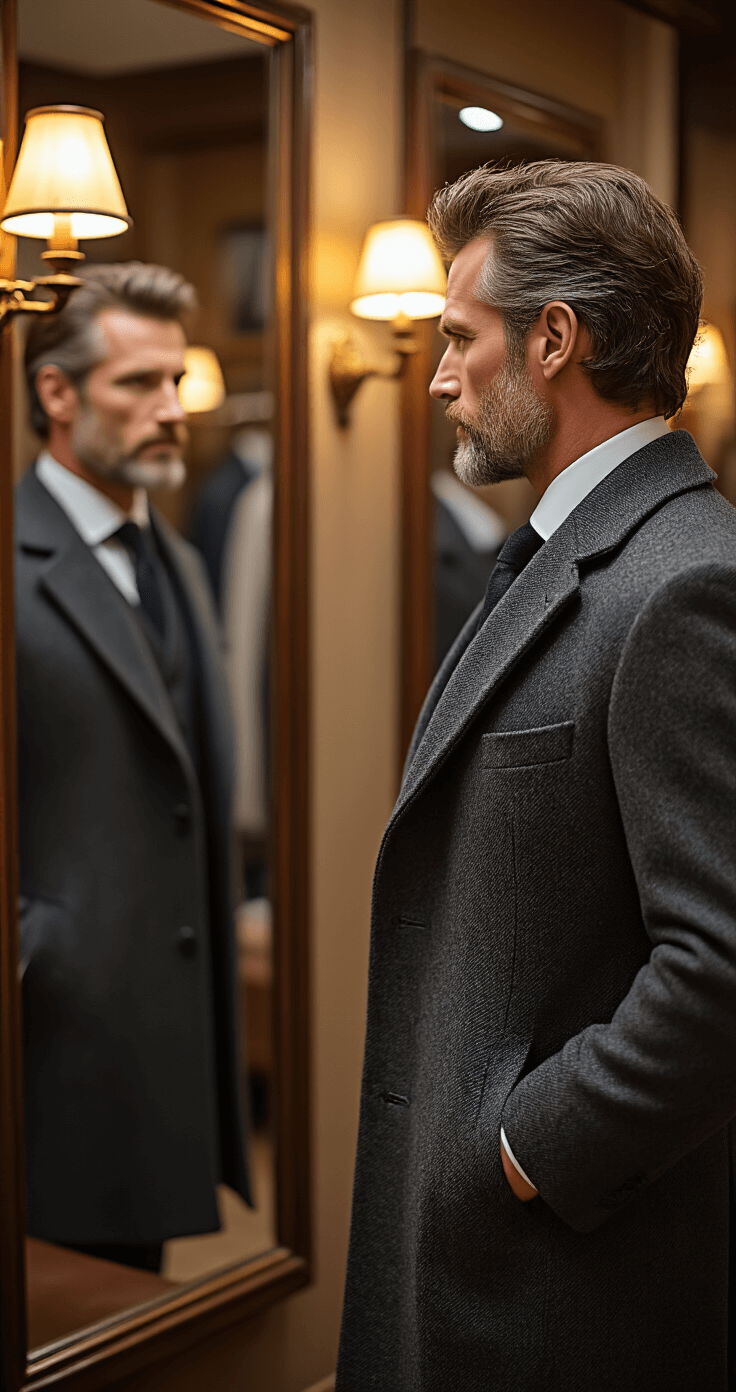 Close-up of a gentleman adjusting a charcoal overcoat in a boutique fitting room, showcasing precise shoulder fit, lapel roll, and sleeve length in triple mirrors, with warm ambient lighting highlighting fabric texture and construction details.