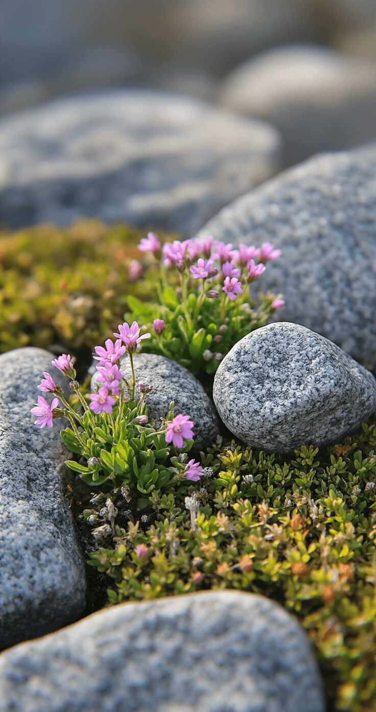 Intimate portrait of a miniature alpine boulder garden featuring three small granite boulders, delicate flowering alpines, and creeping thyme, captured in early light with a soft focus on the intricate details.