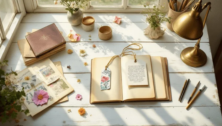 A sunlit crafting studio featuring a variety of handmade bookmarks on a weathered wooden table, surrounded by watercolor supplies, vintage magazines, pressed flowers, and calligraphy pens, with a warm brass lamp and completed bookmarks displayed above.