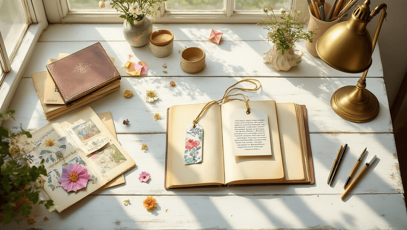 A sunlit crafting studio featuring a variety of handmade bookmarks on a weathered wooden table, surrounded by watercolor supplies, vintage magazines, pressed flowers, and calligraphy pens, with a warm brass lamp and completed bookmarks displayed above.
