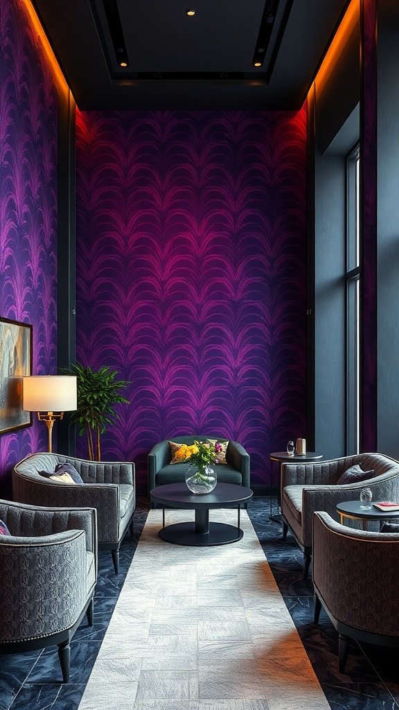 50 Stunning Purple Wallpaper Ideas for Your Home Decor A stylish room featuring Art Deco purple wallpaper with a bold pattern, modern furniture, and warm lighting.
