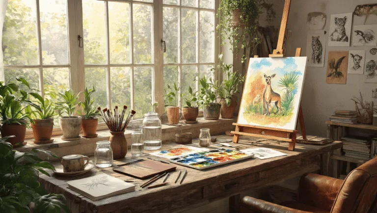 A cozy artist's studio filled with warm natural light, showcasing an easel with a vibrant watercolor painting of jungle animals, a rustic table with organized painting supplies, and inspiration boards, all surrounded by potted plants and a comfy reading chair.