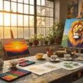 A sunlit artist's studio filled with vibrant oil pastels, unfinished drawings, and vintage teacups, showcasing a lion portrait on an easel and colorful artworks on the walls, all captured in warm, dreamy light with rich textures.