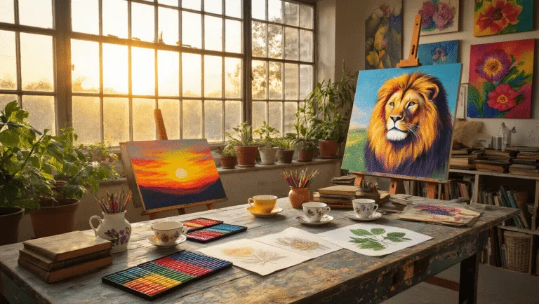 A sunlit artist's studio filled with vibrant oil pastels, unfinished drawings, and vintage teacups, showcasing a lion portrait on an easel and colorful artworks on the walls, all captured in warm, dreamy light with rich textures.