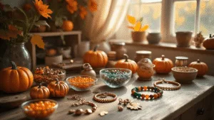 Fall in Love with These Cozy DIY Autumn Bracelets A sun-drenched craft room workspace featuring a weathered wooden desk with fall jewelry-making supplies, including charms, beads in autumn colors, and a vintage bead spinner, accented by a copper wire tree displaying finished bracelets, with a cozy corner of a burgundy velvet armchair in the background.