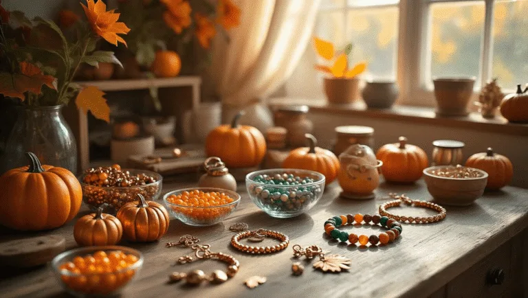 A sun-drenched craft room workspace featuring a weathered wooden desk with fall jewelry-making supplies, including charms, beads in autumn colors, and a vintage bead spinner, accented by a copper wire tree displaying finished bracelets, with a cozy corner of a burgundy velvet armchair in the background.