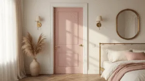 7 Stunning Door Painting Ideas to Transform Your Bedroom A photorealistic interior photograph of a blush pink bedroom door with brass hardware, centered in a softly lit room featuring sheer curtains, white walls, and herringbone oak floors. The door is flanked by modern sconces, with a vintage brass mirror reflecting light. Cream linen bedding and dusty rose accents are visible, alongside dried pampas grass in a ceramic vase, creating a high-end, cinematic aesthetic.