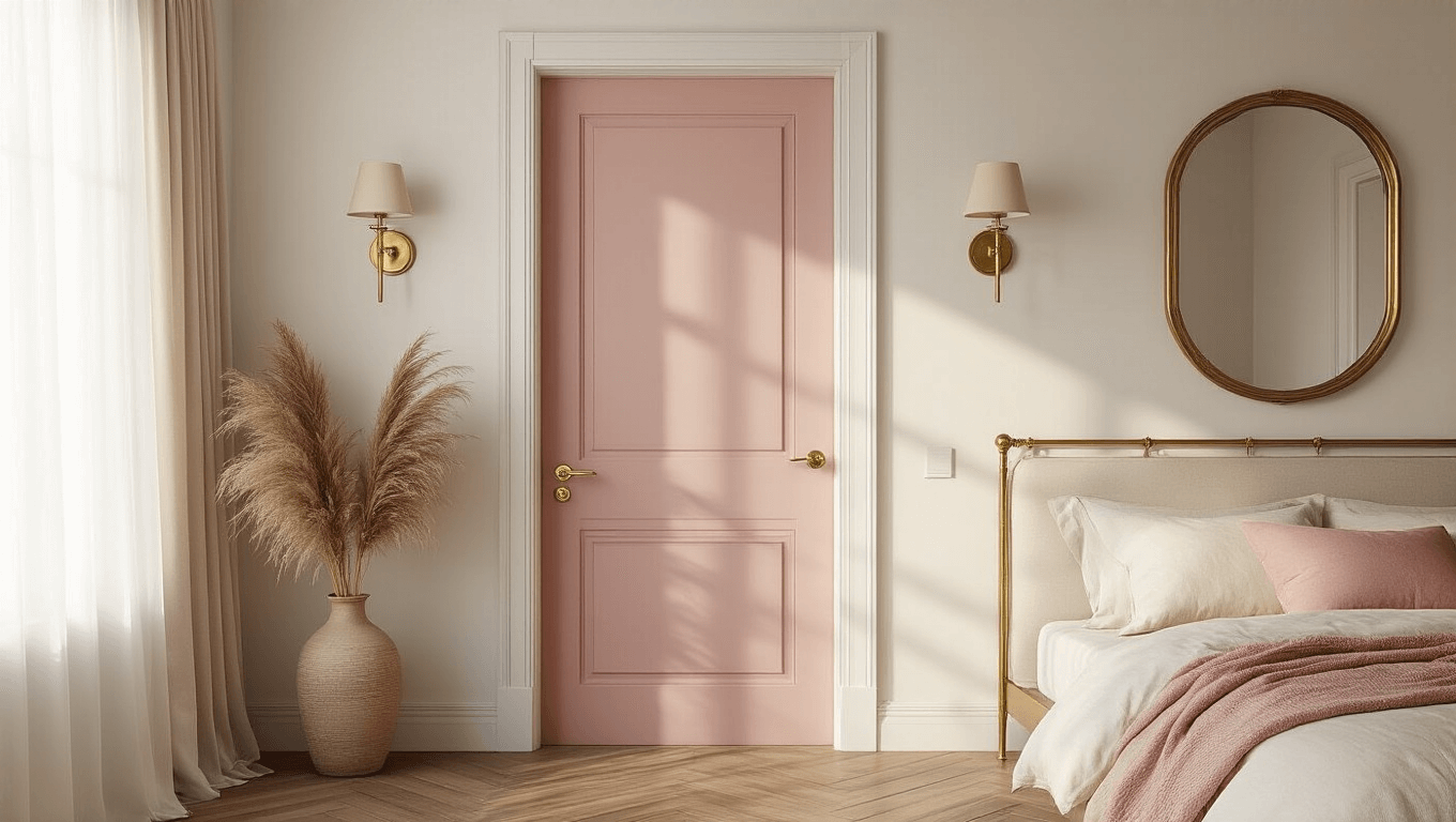A photorealistic interior photograph of a blush pink bedroom door with brass hardware, centered in a softly lit room featuring sheer curtains, white walls, and herringbone oak floors. The door is flanked by modern sconces, with a vintage brass mirror reflecting light. Cream linen bedding and dusty rose accents are visible, alongside dried pampas grass in a ceramic vase, creating a high-end, cinematic aesthetic.
