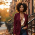 A confident Black woman in a burgundy blazer poses on a Brooklyn stoop at golden hour, dressed in a cream silk bodysuit and high-waisted dark denim, with autumn leaves softly blurred in the warm background.