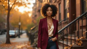 Fall Fashion 2024: Effortlessly Stylish Outfits for Black Women A confident Black woman in a burgundy blazer poses on a Brooklyn stoop at golden hour, dressed in a cream silk bodysuit and high-waisted dark denim, with autumn leaves softly blurred in the warm background.