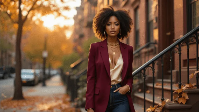 A confident Black woman in a burgundy blazer poses on a Brooklyn stoop at golden hour, dressed in a cream silk bodysuit and high-waisted dark denim, with autumn leaves softly blurred in the warm background.