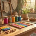 A sunlit bohemian craft room with a wooden worktable, colorful embroidery floss in mason jars, a bracelet in progress, and crafting tools, featuring macramé wall hangings and a vintage ladder displaying completed friendship bracelets.