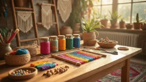 The Easiest Friendship Bracelets You Can Make Today A sunlit bohemian craft room with a wooden worktable, colorful embroidery floss in mason jars, a bracelet in progress, and crafting tools, featuring macramé wall hangings and a vintage ladder displaying completed friendship bracelets.