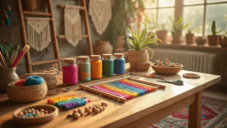 A sunlit bohemian craft room with a wooden worktable, colorful embroidery floss in mason jars, a bracelet in progress, and crafting tools, featuring macramé wall hangings and a vintage ladder displaying completed friendship bracelets.