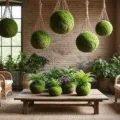 A cozy bohemian living room featuring hanging kokedama moss balls, vintage rattan furniture, and a weathered wooden coffee table adorned with ferns and African violets, bathed in warm afternoon sunlight.