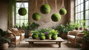 DIY Plant Gifts That'll Make Your Green-Thumbed Friends Swoon A cozy bohemian living room featuring hanging kokedama moss balls, vintage rattan furniture, and a weathered wooden coffee table adorned with ferns and African violets, bathed in warm afternoon sunlight.