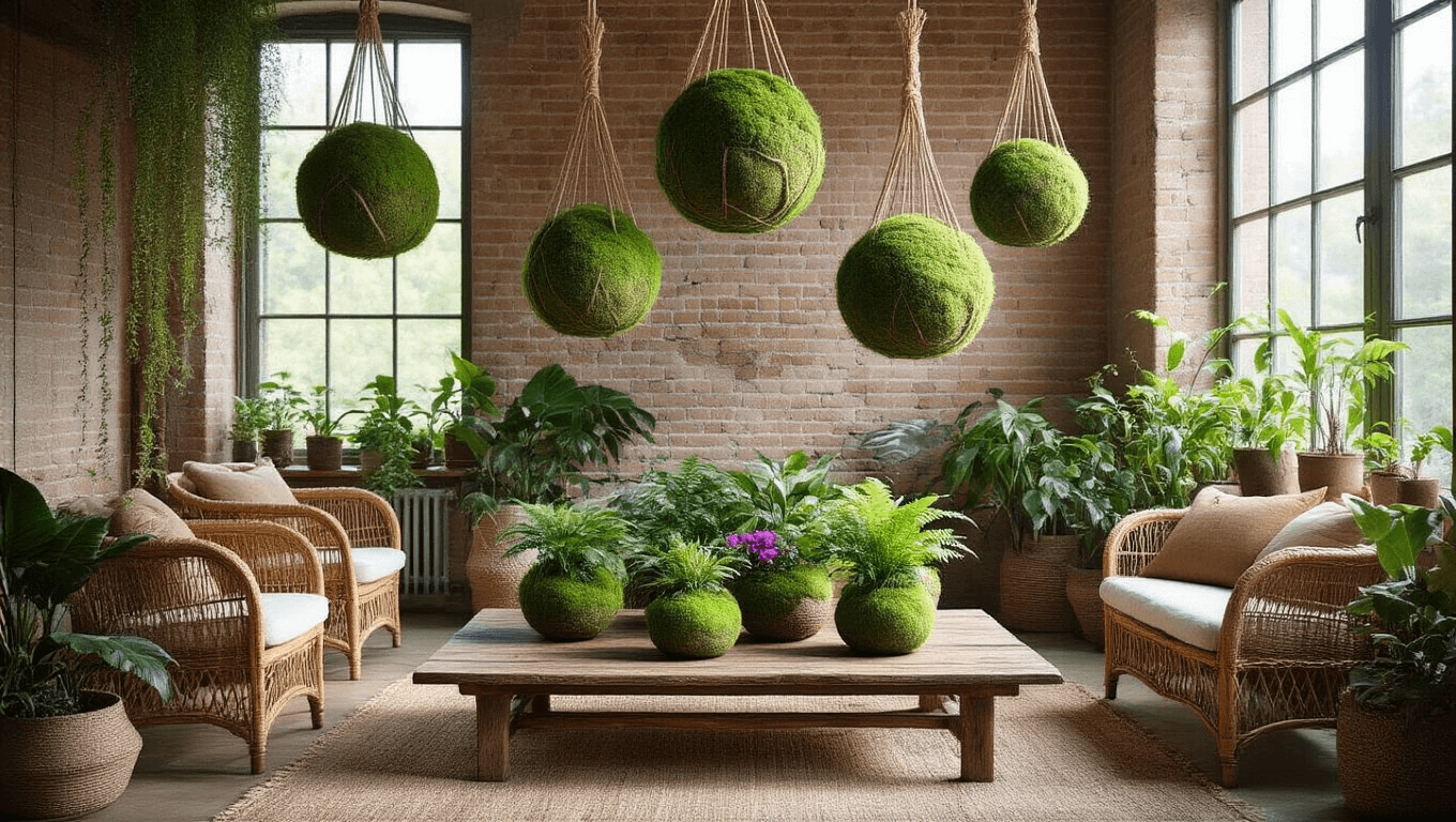 A cozy bohemian living room featuring hanging kokedama moss balls, vintage rattan furniture, and a weathered wooden coffee table adorned with ferns and African violets, bathed in warm afternoon sunlight.