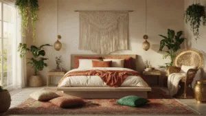 Boho Bedroom Design: Create Your Ultimate Relaxed Sanctuary A sunlit boho bedroom featuring a low-profile bed with layered textiles, a macramé wall hanging, scattered jewel-toned cushions, and abundant plants, all illuminated by warm string lights and paper lanterns.