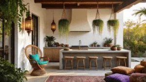 Boho Outdoor Kitchens: Creating Your Free-Spirited Alfresco Paradise Cinematic wide-angle shot of a boho outdoor kitchen at sunset, featuring whitewashed brick walls with brass lanterns, a vintage peacock rattan chair, an antique copper sink, and Kilim cushions on industrial stools, all illuminated by Edison string lights.