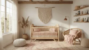 Creating the Perfect Pink Boho Nursery: A Dreamy Design Guide A serene boho nursery featuring a rattan crib with blush bedding, large window, natural wood beams, a macrame wall hanging, vintage rugs, a peacock chair, and trailing plants, all bathed in warm golden hour light.