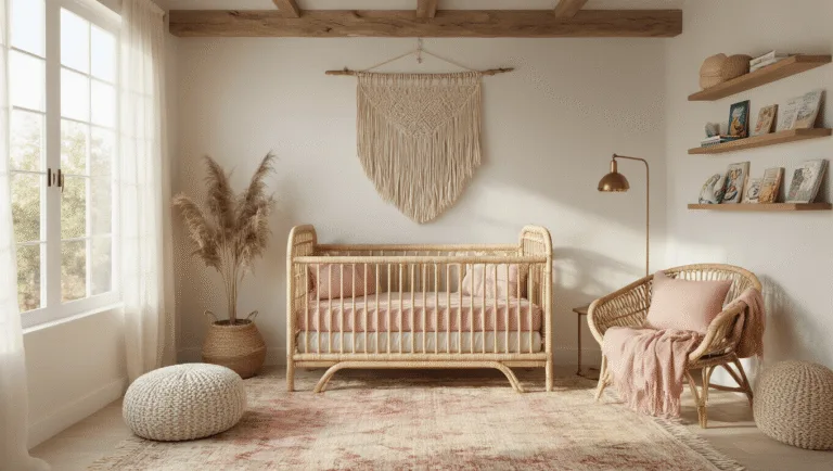 A serene boho nursery featuring a rattan crib with blush bedding, large window, natural wood beams, a macrame wall hanging, vintage rugs, a peacock chair, and trailing plants, all bathed in warm golden hour light.
