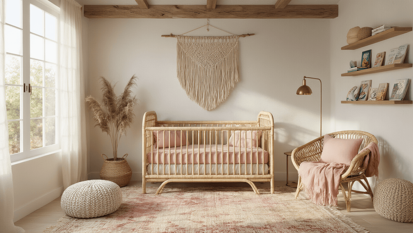 A serene boho nursery featuring a rattan crib with blush bedding, large window, natural wood beams, a macrame wall hanging, vintage rugs, a peacock chair, and trailing plants, all bathed in warm golden hour light.