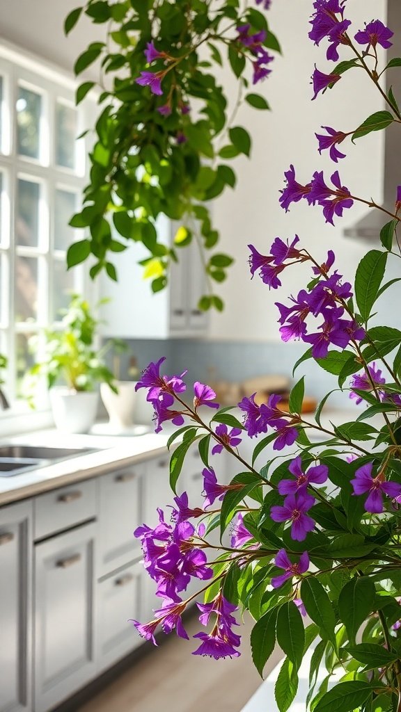 50 Stunning Purple Wallpaper Ideas for Your Home Decor A kitchen with purple flowers and green leaves, showcasing a vibrant and inviting atmosphere.