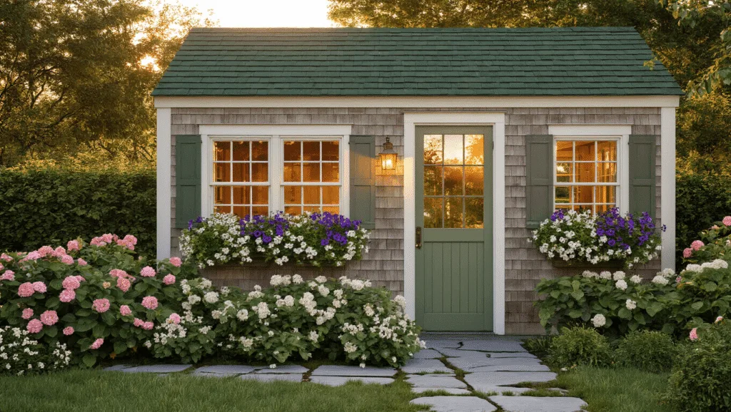 A stunning photograph of a Cape Roof garden shed at golden hour, featuring a forest green roof, weathered cedar siding, and vibrant flower boxes.