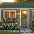 A stunning photograph of a Cape Roof garden shed at golden hour, featuring a forest green roof, weathered cedar siding, and vibrant flower boxes.