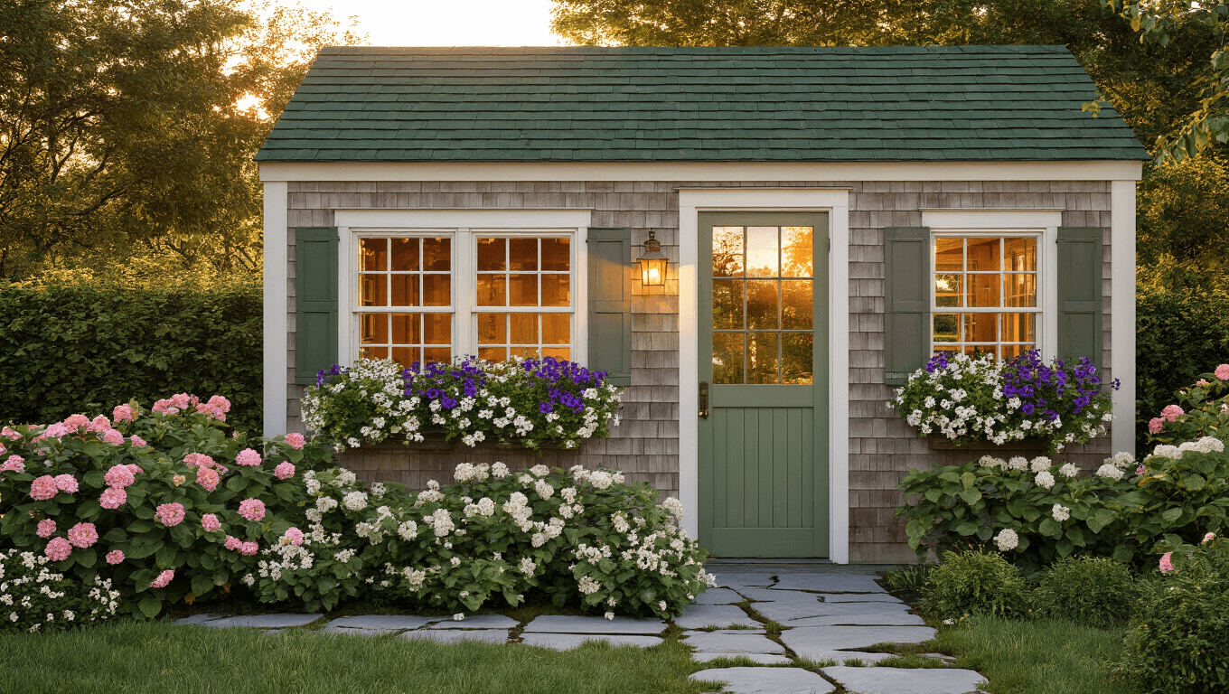 A stunning photograph of a Cape Roof garden shed at golden hour, featuring a forest green roof, weathered cedar siding, and vibrant flower boxes.