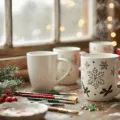 A cozy craft room scene featuring a rustic wooden table with pristine white ceramic mugs in various stages of painting, surrounded by artistic tools and soft bokeh fairy lights, showcasing warm lighting and rich colors in hyperrealistic detail.