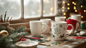 Christmas Mug Painting: Festive DIY Fun for Everyone A cozy craft room scene featuring a rustic wooden table with pristine white ceramic mugs in various stages of painting, surrounded by artistic tools and soft bokeh fairy lights, showcasing warm lighting and rich colors in hyperrealistic detail.